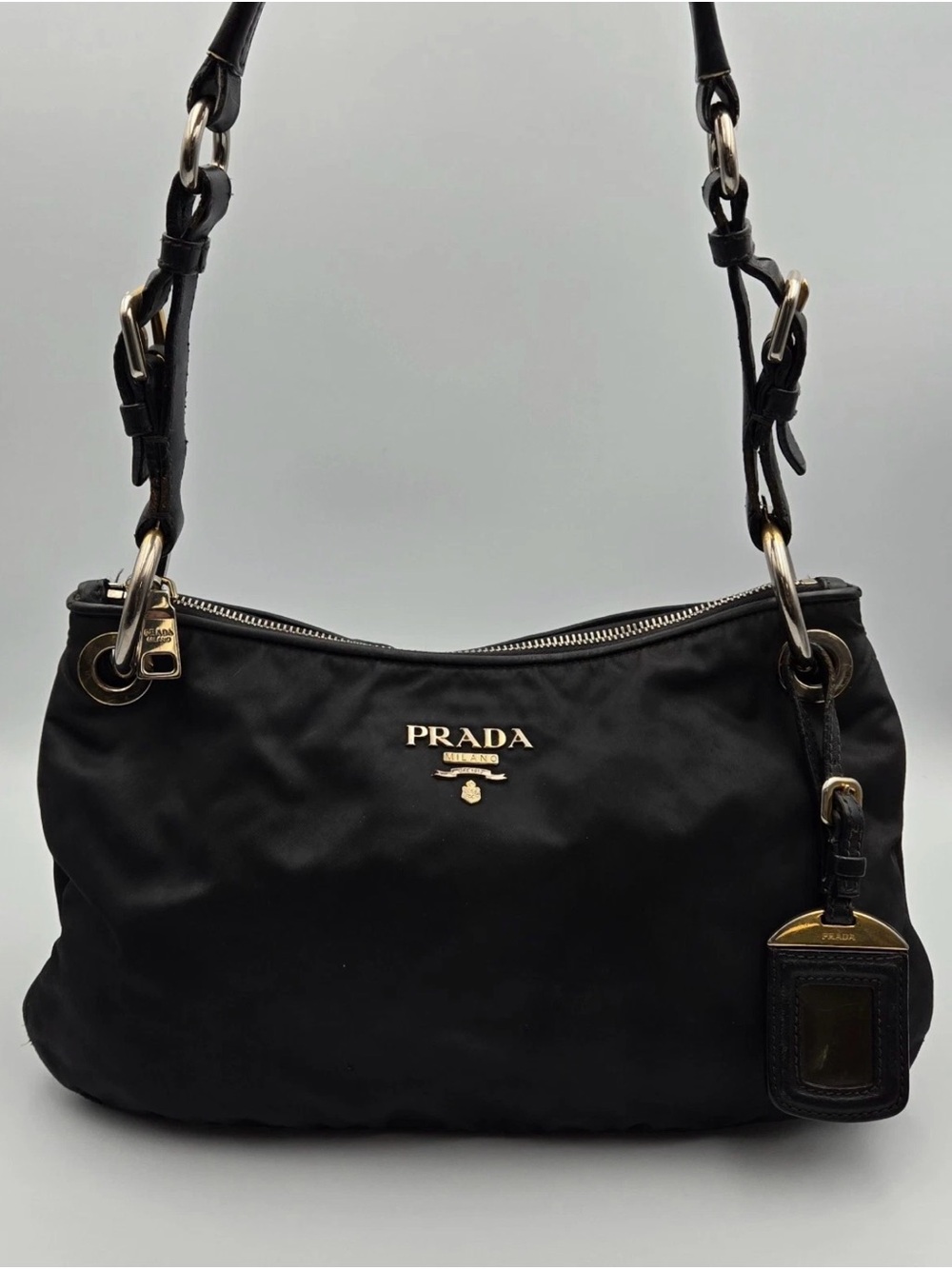 Prada Black Shoulder Bag with Gold Hardware and ID Tag-AS IS